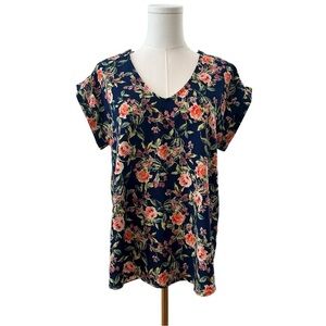 Women's Large Floral V-Neck Colorful Cap Short Sleeve Soft Work Casual Blouse